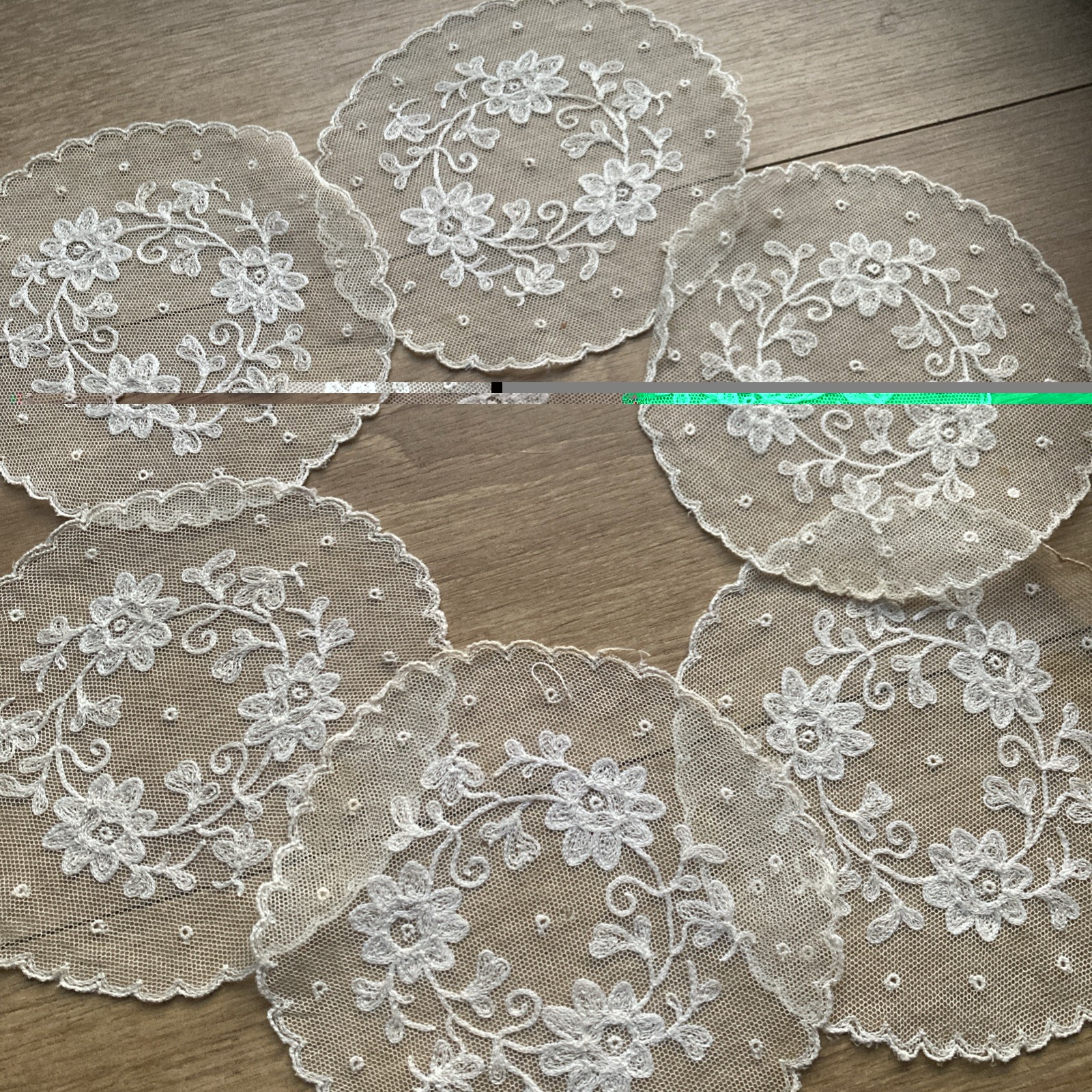 Pretty Antique Vintage 6x Fine cream net floral Lace drinks Mats coasters 13cm