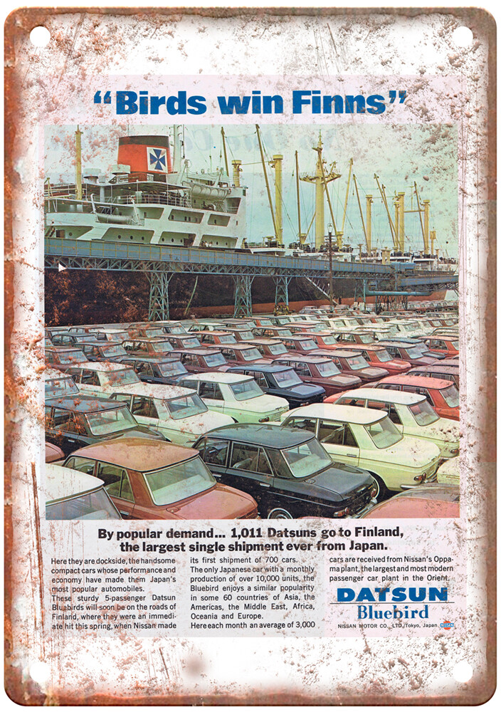 Vintage Datsun 1963-64 Auto Ad Reproduction Metal Sign A11427 Vintage Datsun 1963-64 Auto Ad Reproduction Metal Sign A11427