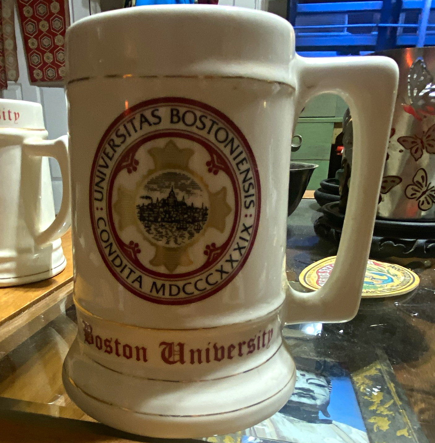 Boston University White Ceramic Mug Stein Style Universitas Bostoniensis