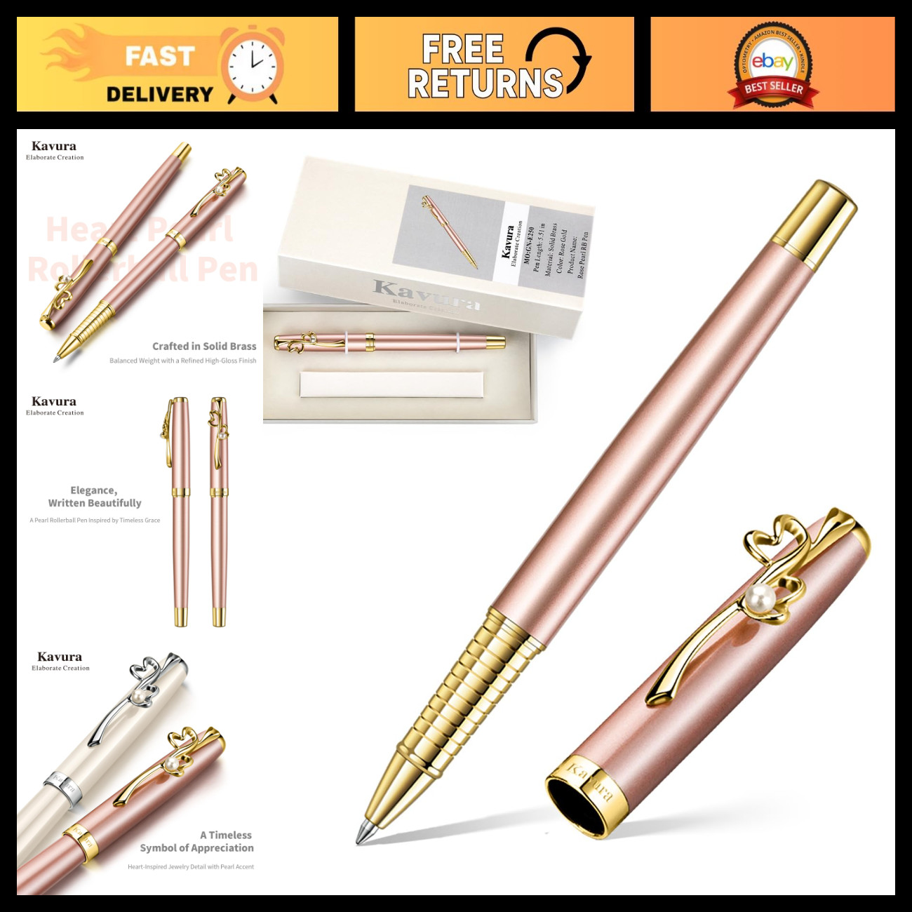 Elegant Rose Gold Heart & Pearl Rollerball Pen Gift Set for Women - Perfect Pres