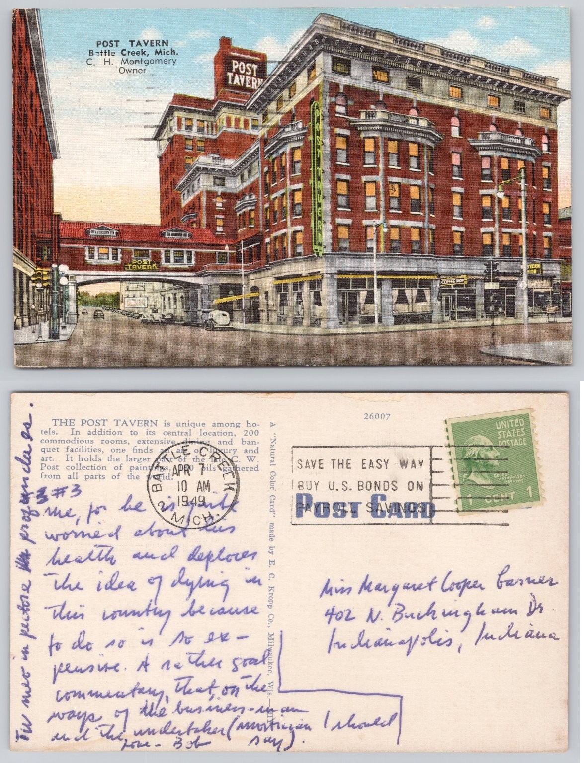 Post Tavern Battle Creek Michigan Linen Postcard 1949 E. C. Kropp Co.