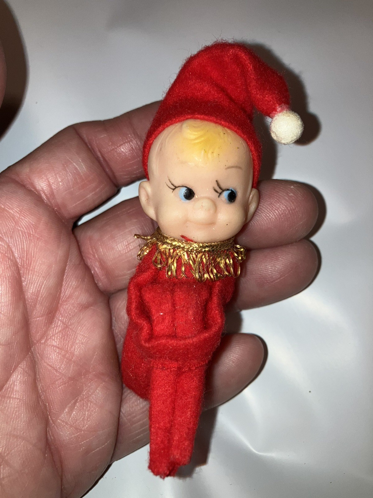 Vintage Mid Century Red Knee Hugger Elf Christmas Tree Decoration 3.5”