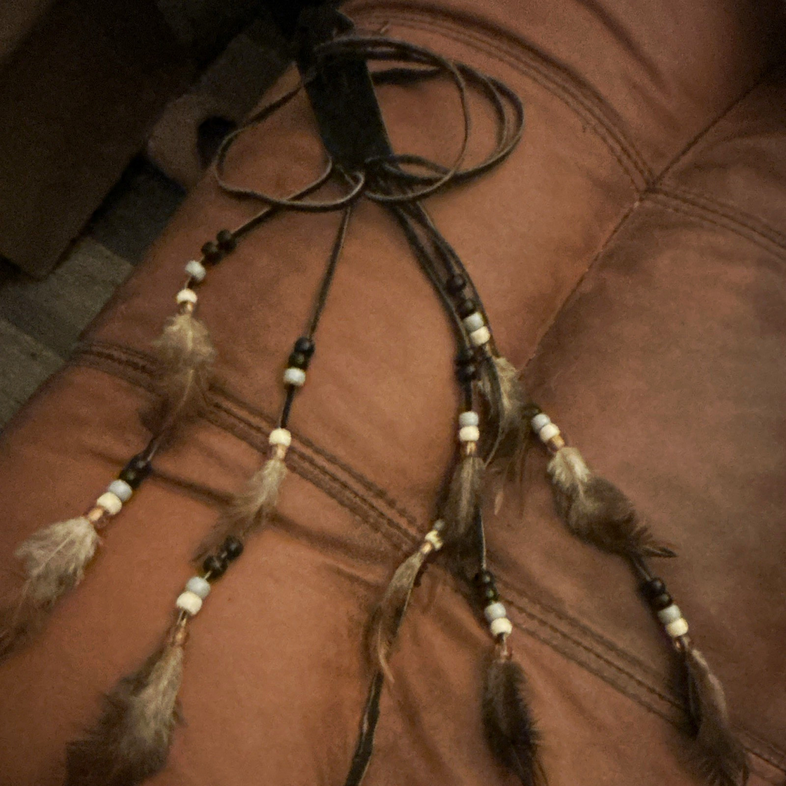 Leather Cord Feather Tassel Hanging Decor Ornament w/ Brown/White Beads