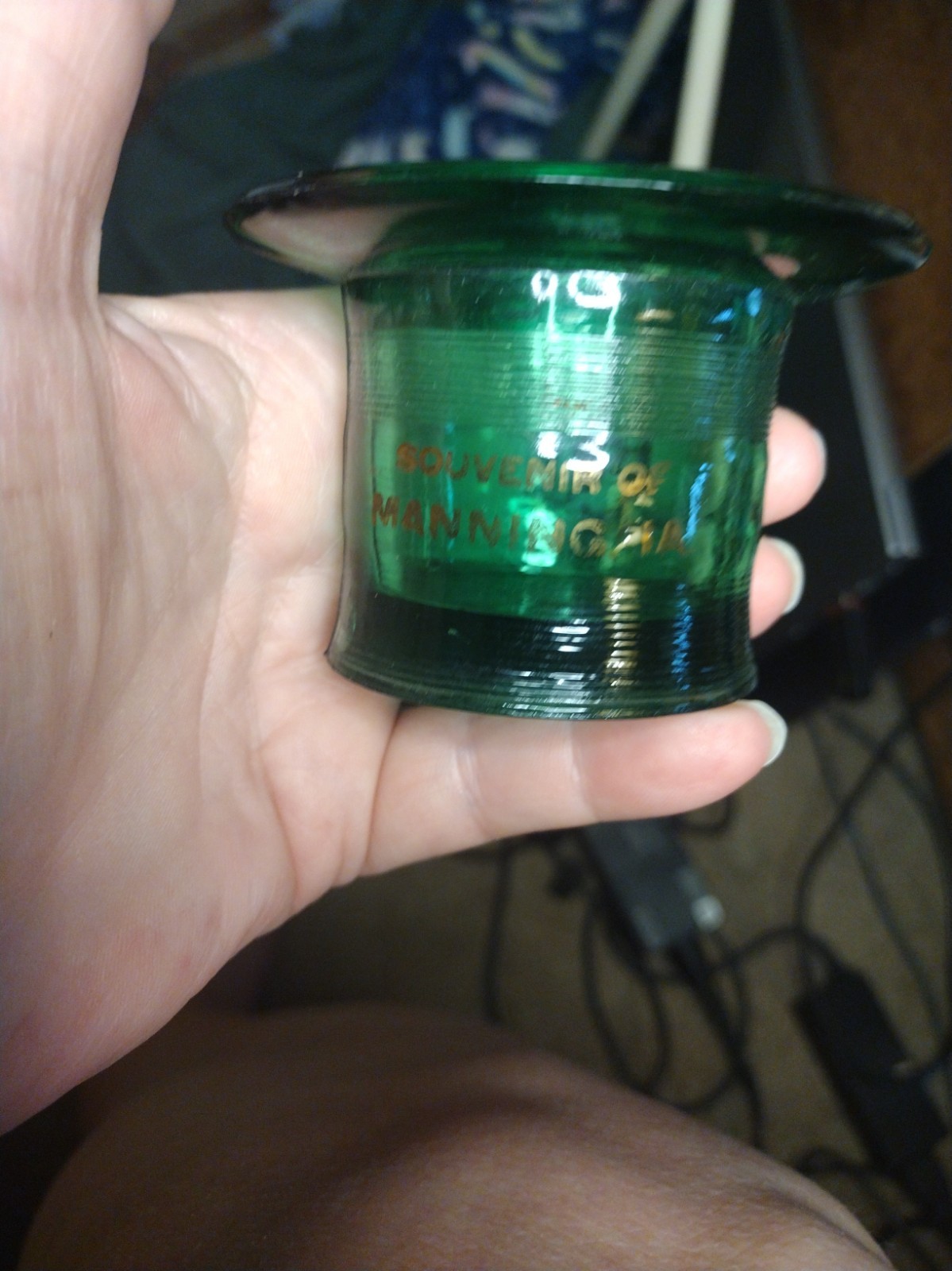 Antique EAPG Green Glass Top Hat Match Strike Toothpick Souvenir-Manning, Iowa