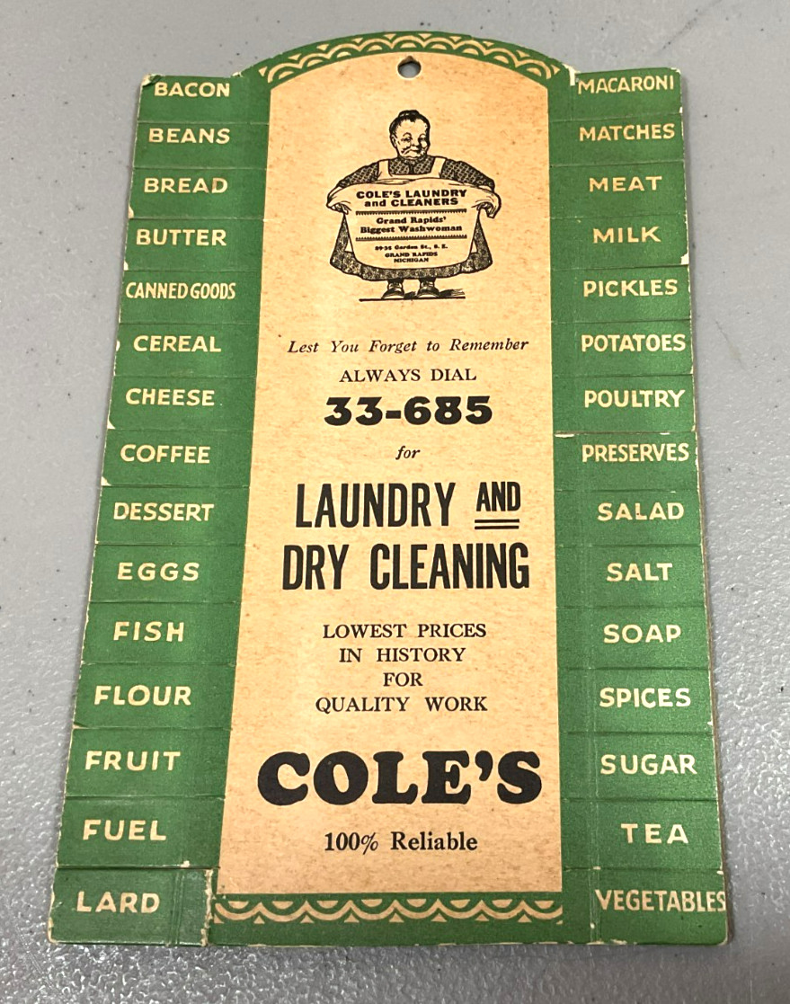 Vintage Cole\'s Laundry And Dry Cleaning Kitchen Reminder Tab Wall Item