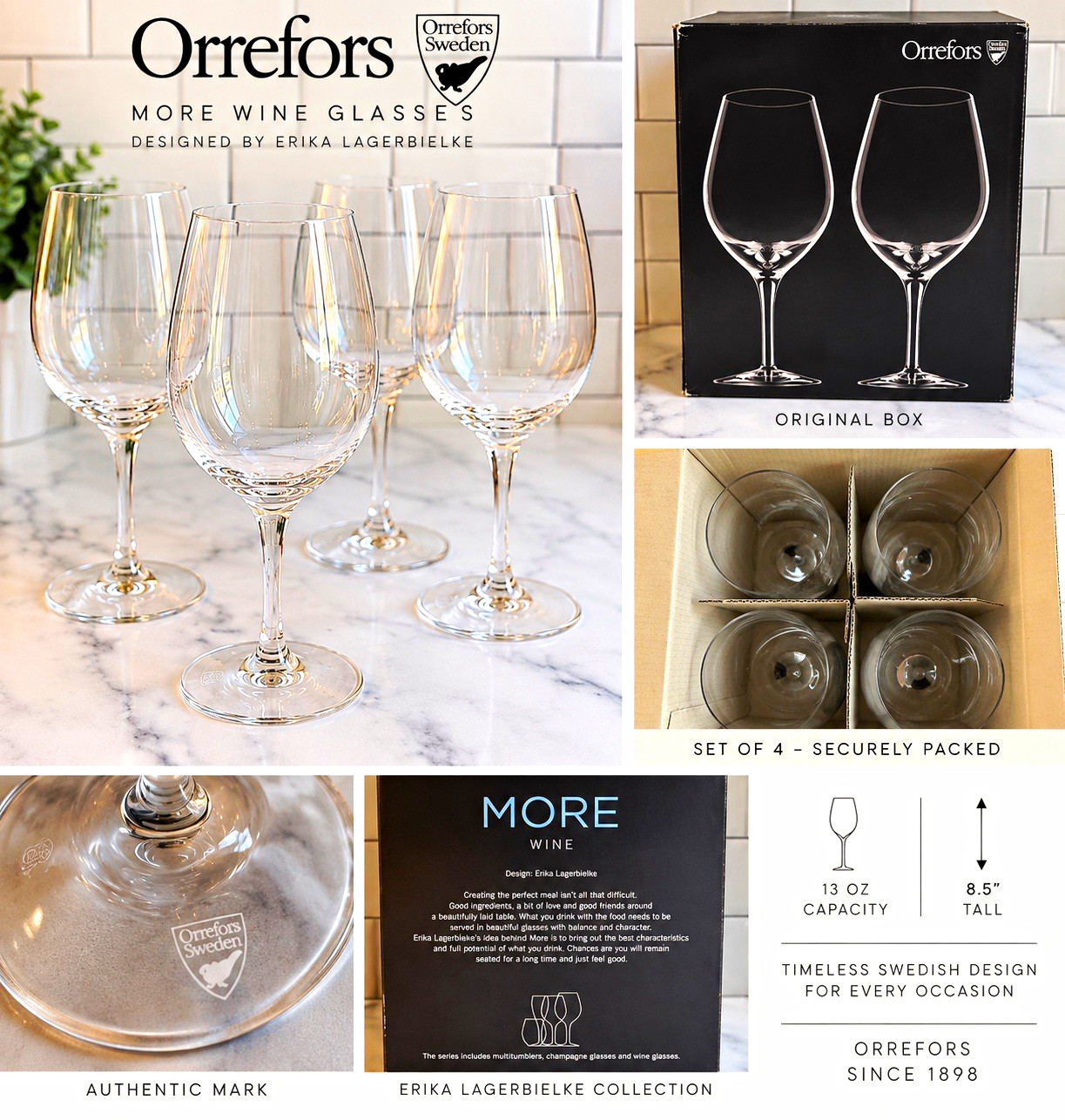 Orrefors MORE Wine Glasses Set of 4 Crystal Stemware Erika Lagerbielke New