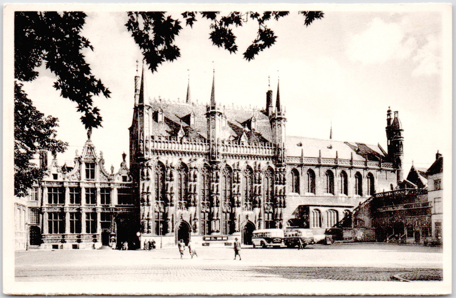 Belgium Bruges Grote Markt Belfry Cloth Hall Gothic Facade Square Buses 1950s PC