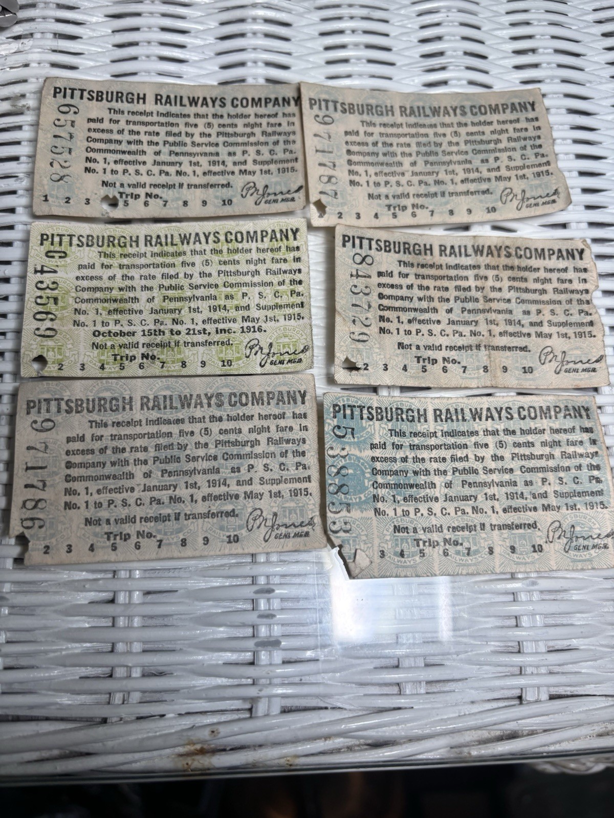 Vintage Pittsburgh Railways Company 1915  Six Tickets 10 Stops Numbered Punched