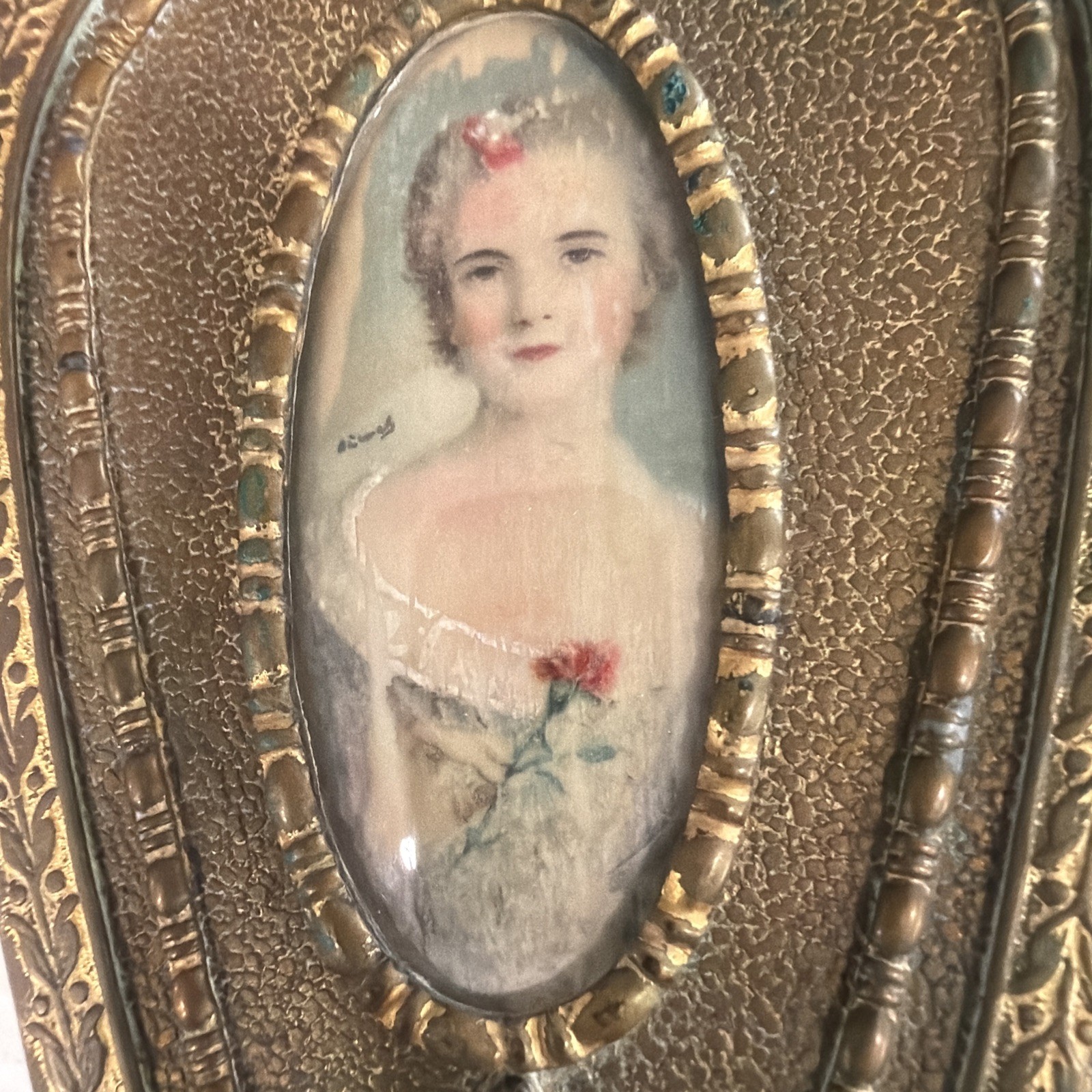 Antique 1920s Apollo Studios Ormolu Hair Brush Gilt Bronze Bubble Glass Portrait