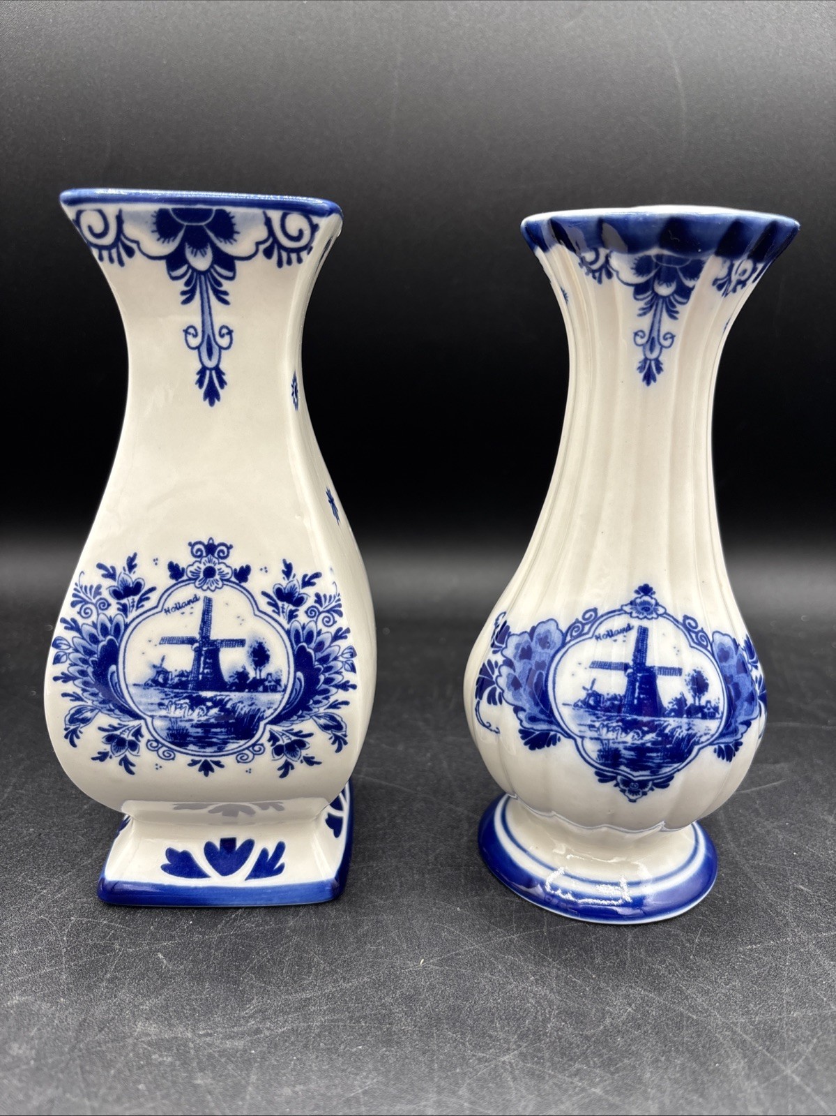 Delft Floral Windmill Blue White Pottery Vases Holland Vintage Delft Floral Windmill Blue White Pottery Vases Holland Vintage