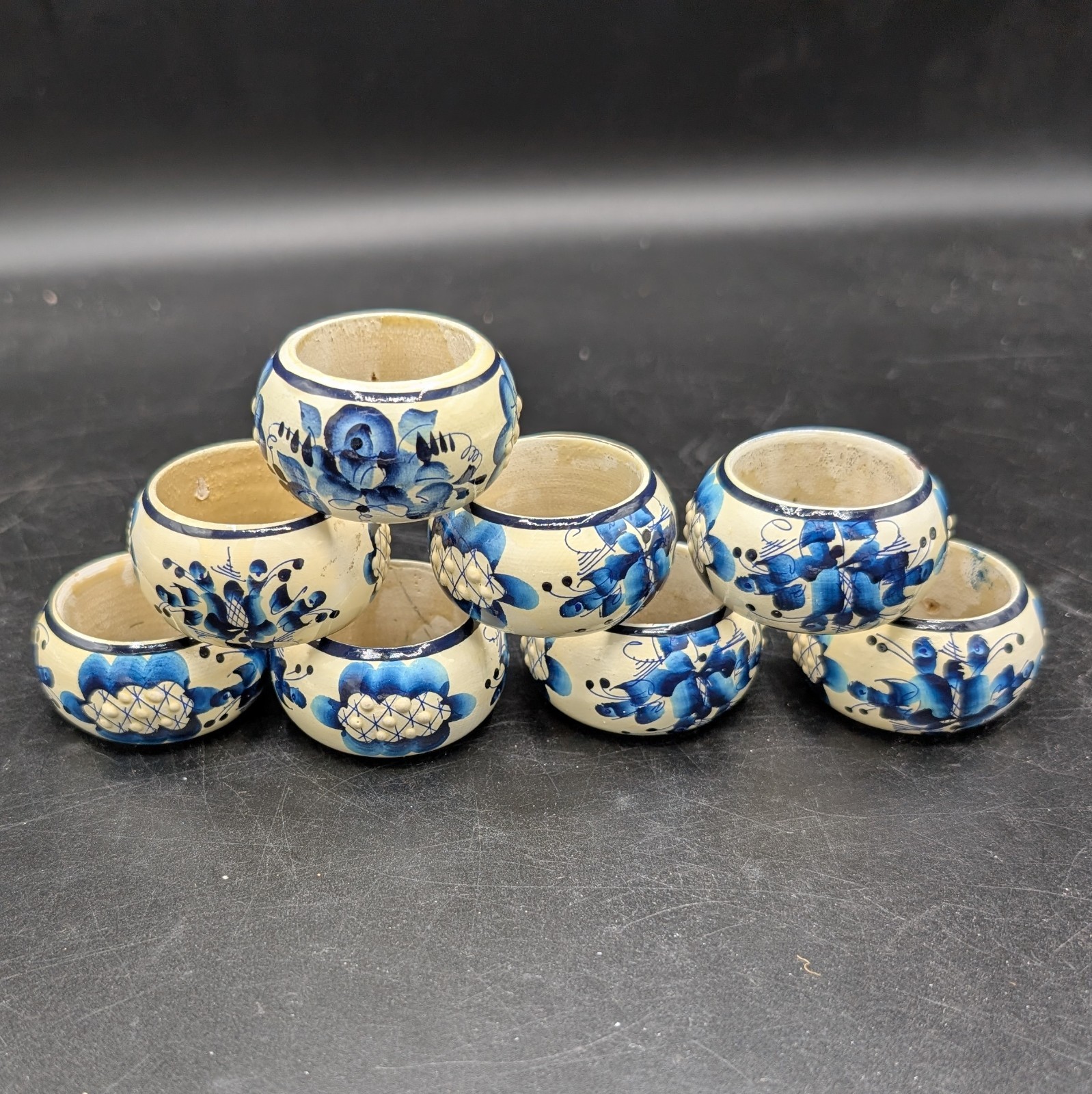 Vtg Blue & Off White Handpainted Russian Wood Lacquer Napkin Rings Set Of 8