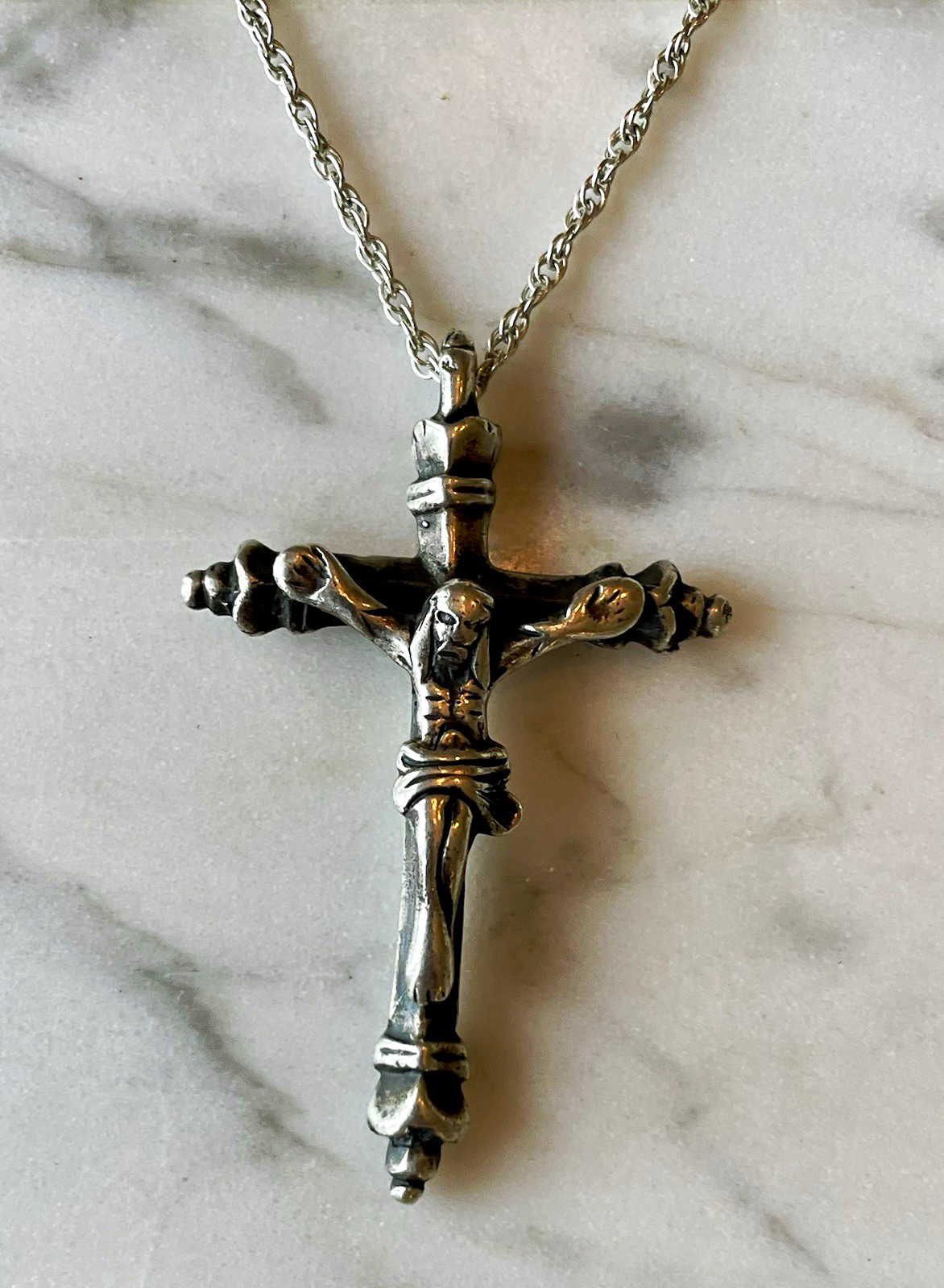 Vintage Handmade Silver Spanish Colonial Baroque Crucifix Pendant and Chain