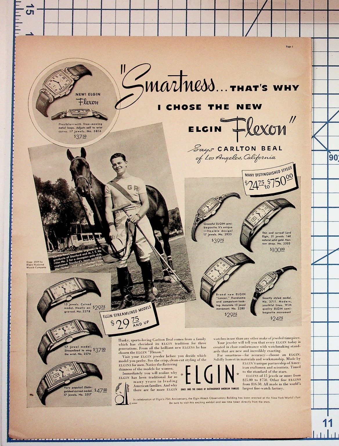 Vintage 1939 Elgin Flexon Watch Ad Polo Carlton Beal New York World\'s Fair