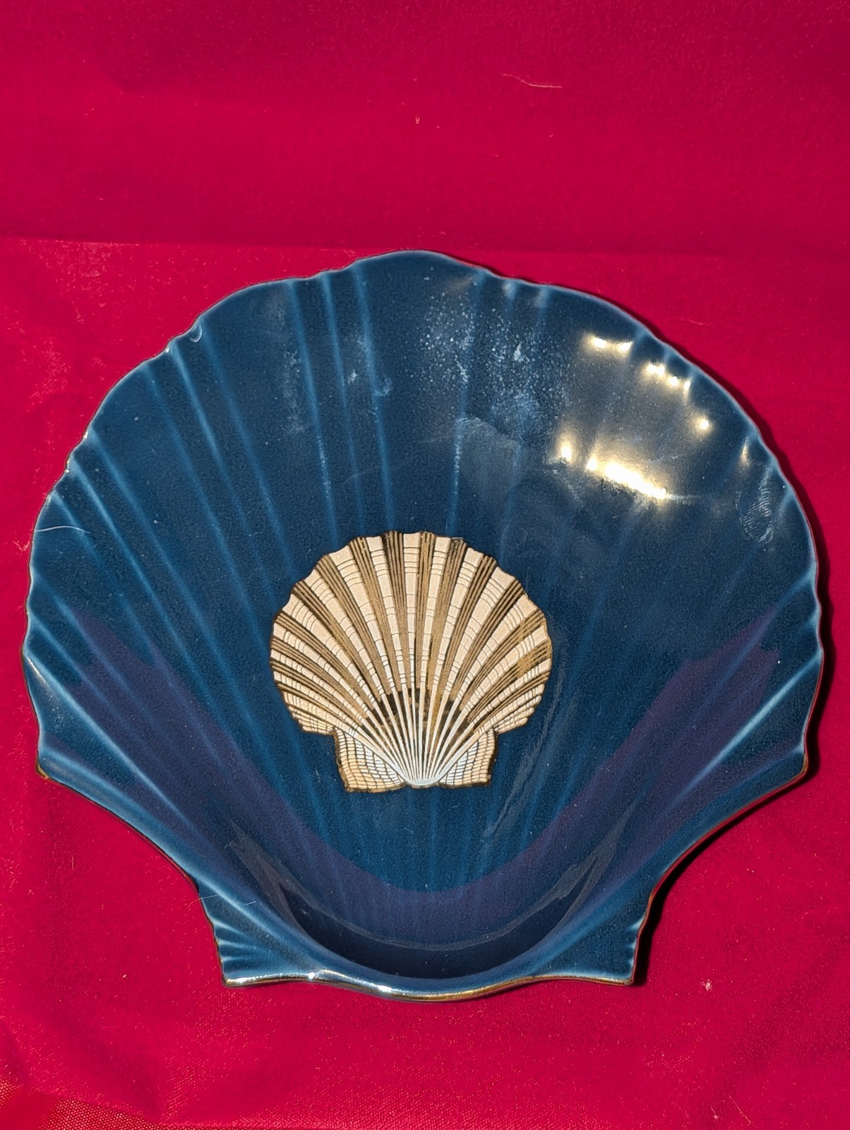 Vintage Otagiri Golden Treasure Shell Dish Cobalt Blue Gold Scallop Trinket...