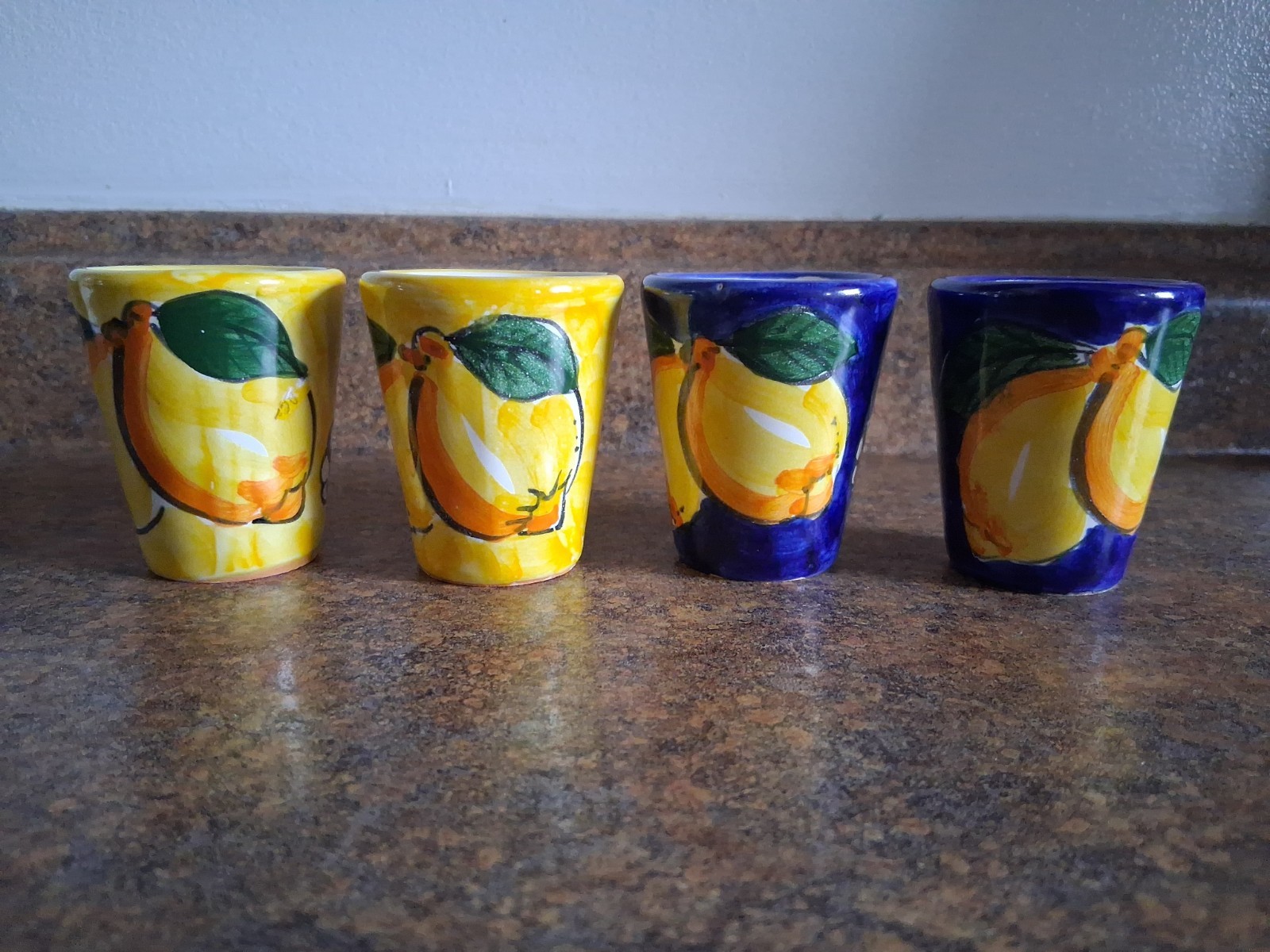 4 Limoncello Hand Painted Pottery Shot Glasses Signed VIETRI & R.K. 2-3/8 4 Limoncello Hand Painted Pottery Shot Glasses Signed VIETRI & R.K. 2-3/8