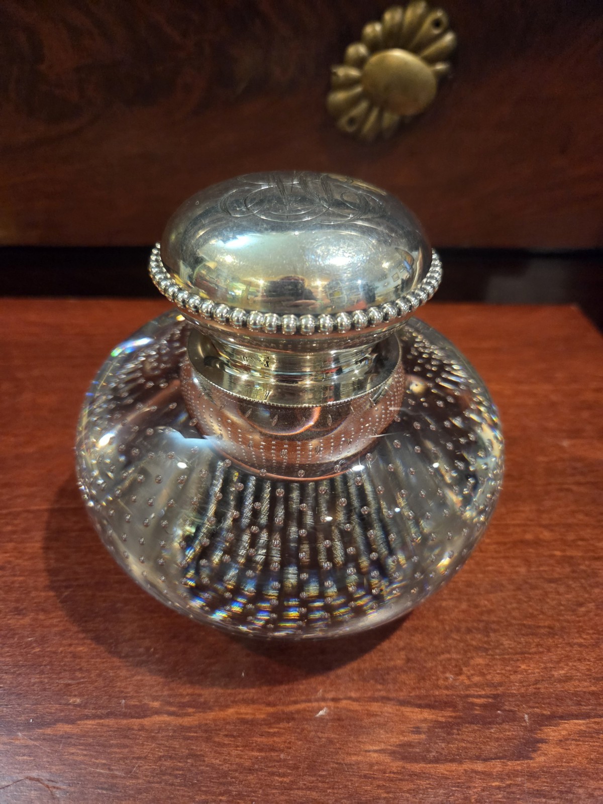 Antique Goodnow Jenks Sterling Silver Controlled Bubble Glass Inkwell Pairpoint