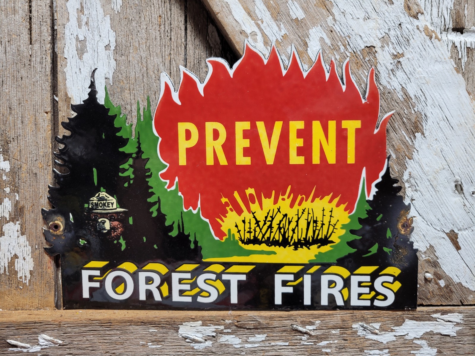 VINTAGE SMOKEY BEAR PORCELAIN SIGN OLD FOREST SERVICE NATIONAL PARK PREVENT FIRE