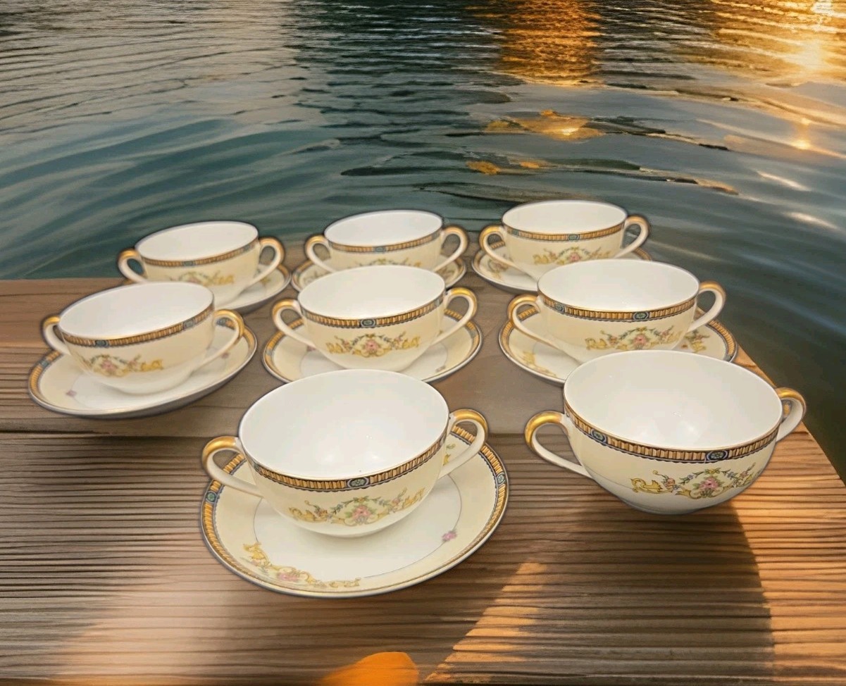 Noritake M Monastery Flat Bouillon 8 Cup and 7 Saucer Pink Rose Japan Rare