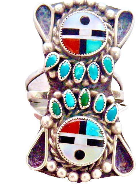 VINTAGE HAND MADE Zuni Multi Stone Inlay Double Sunface Ring Sz 6 RING 1 3/8