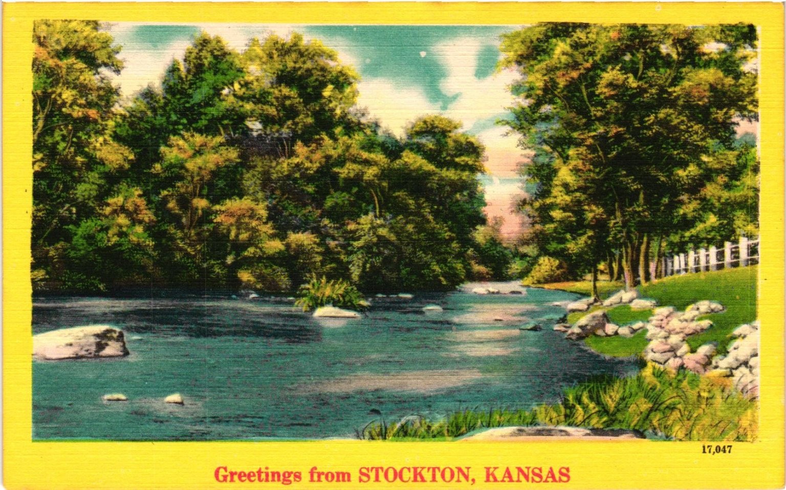 Stockton Kansas River Scene Linen Postcard \