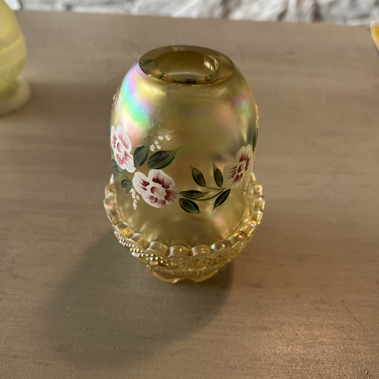Fenton Hand Painted Iridescent Yellow Satin Glass Fairy Lamp Signed S. Allman