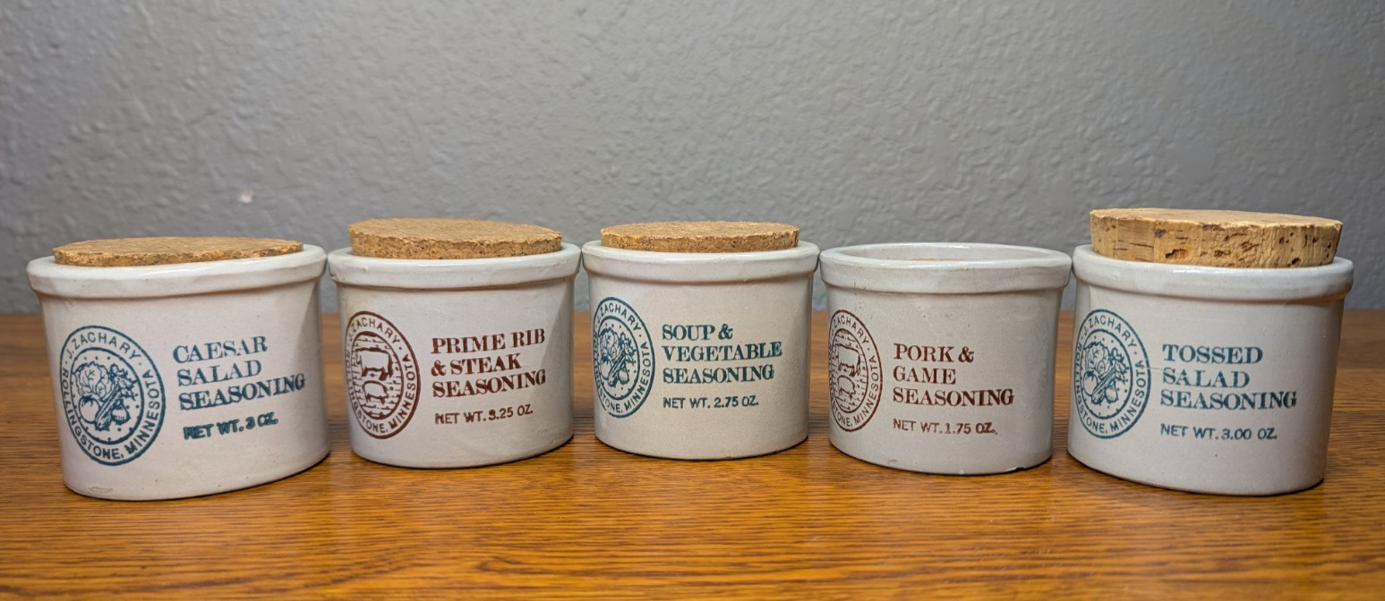 Vintage J. Zachary Rollingstone Minnesota 3oz Crock Seasoning Jars w/ Cork Set
