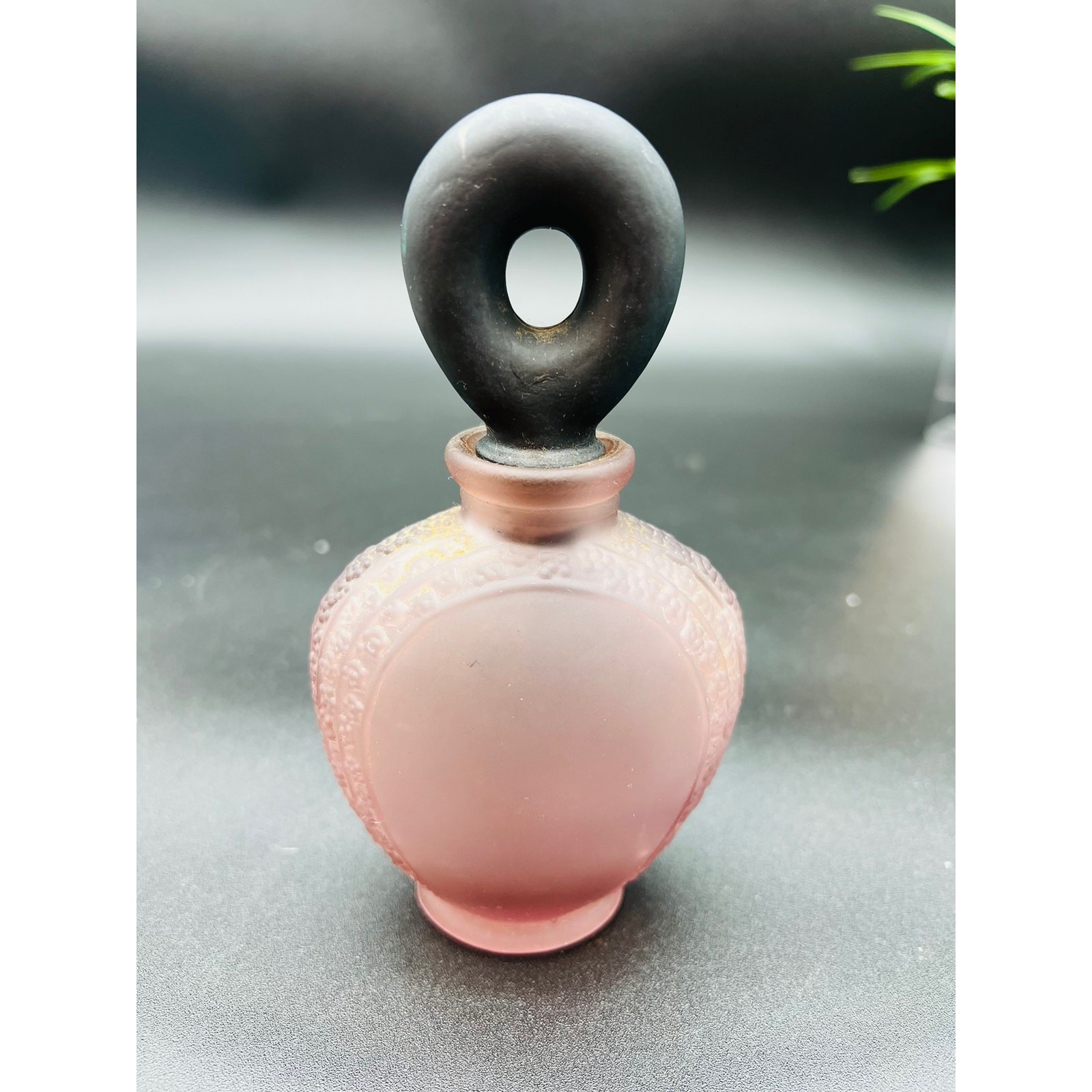 Perfume Bottle. Mauve Pink Satin Glass Black Stopper 3\