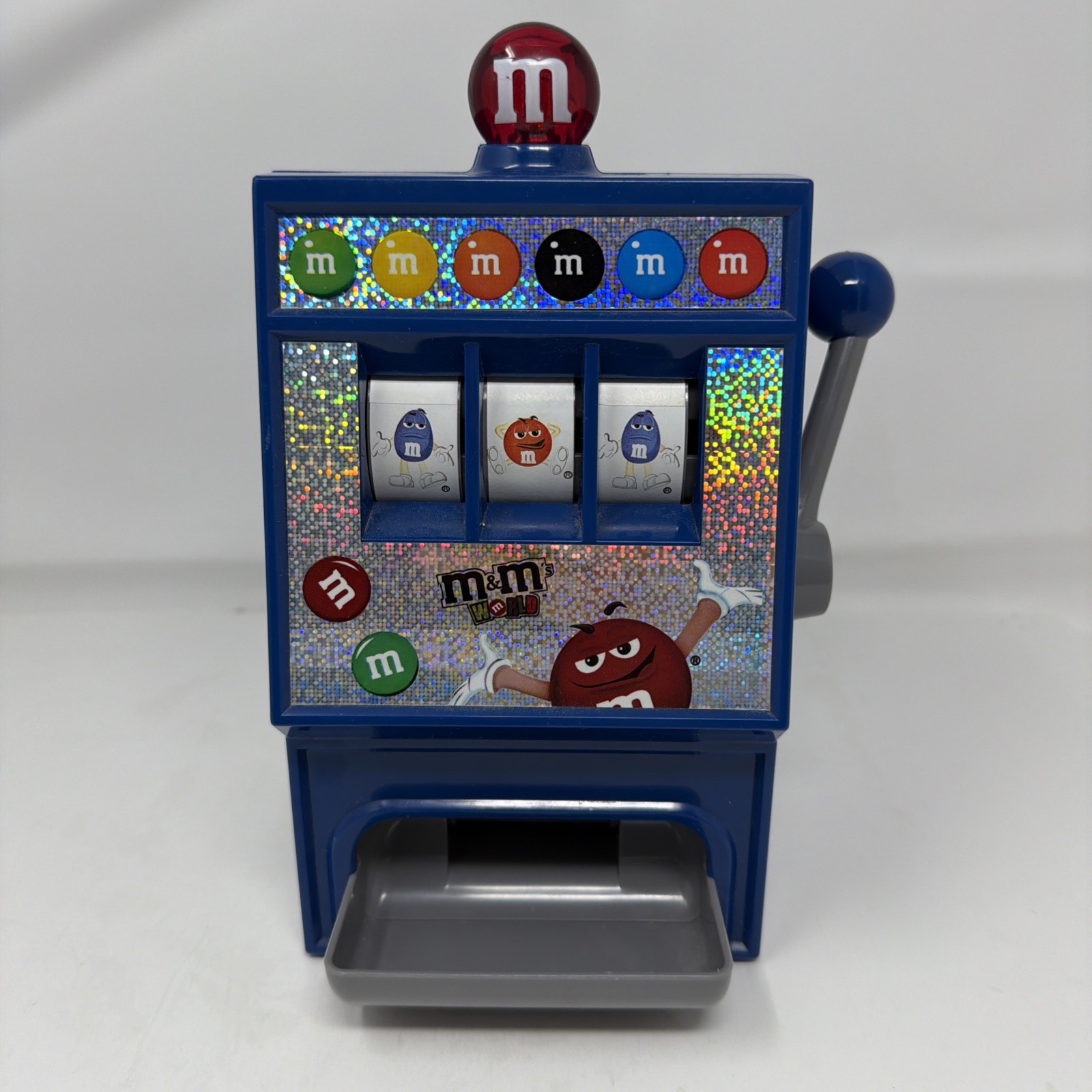 M&M\'s World Slot Machine Candy Dispenser Blue M&Ms Collectible Toy Novelty Decor