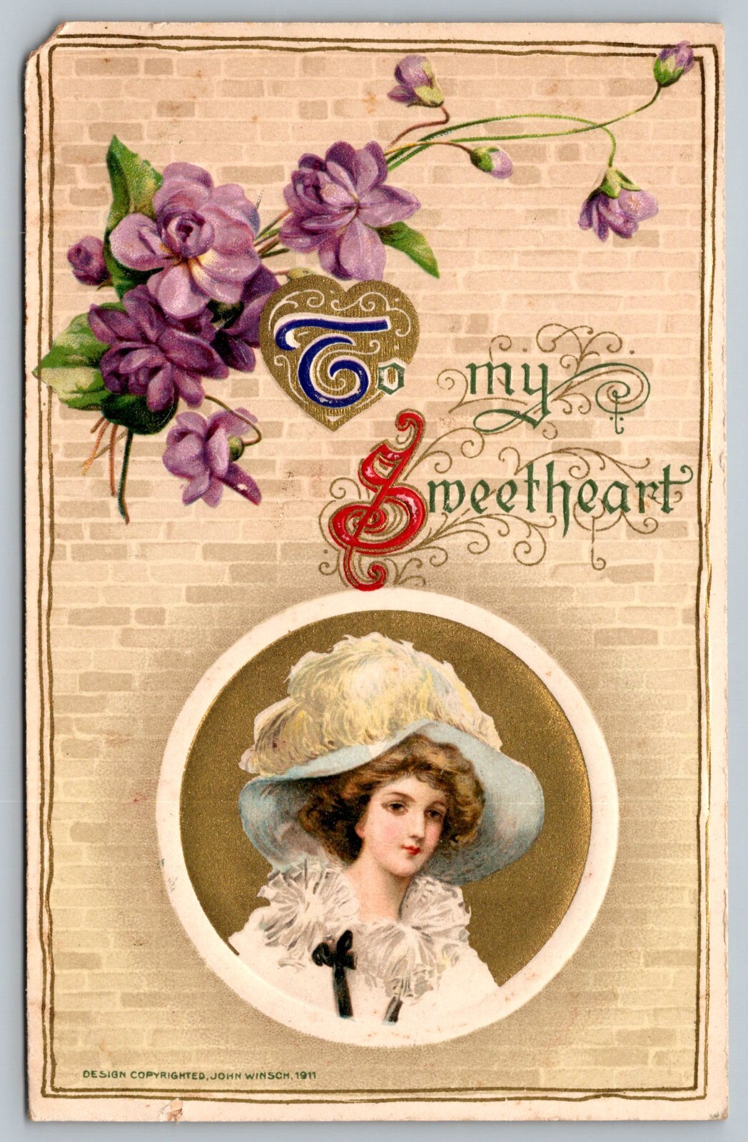 Postcard John Winsch Artist Signed To My Sweetheart Victorian Woman  c 1911 Hat
