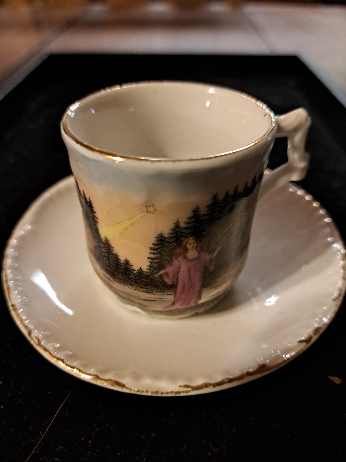 Antique Porcelain Child's Christmas Tea Cup And Saucer Unmarked German Style