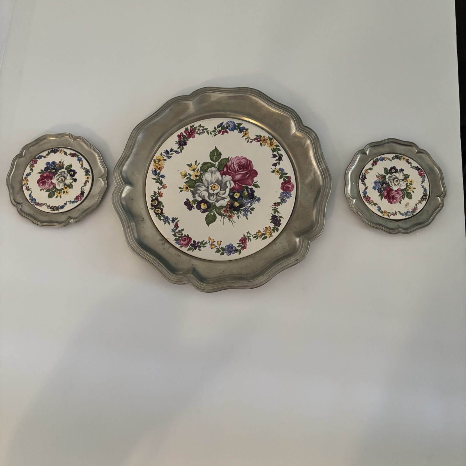 Vintage Kaufmann Alwe West Germany Pewter and Ceramic Collector Plates Set of 3