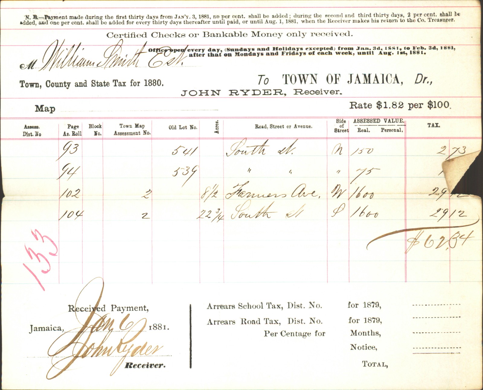 1881 Jamaica NY Tax Receipt William Smith Estate John Ryder Receiver