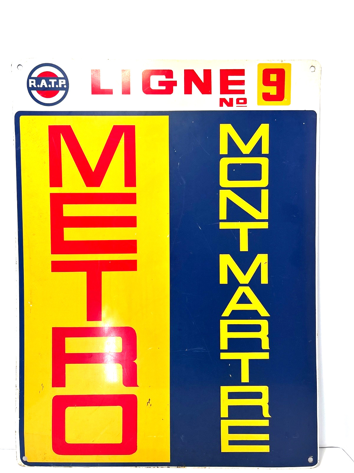 Vintage French Paris France Montmartre RATP Metro Ligne 9 Metal Sign