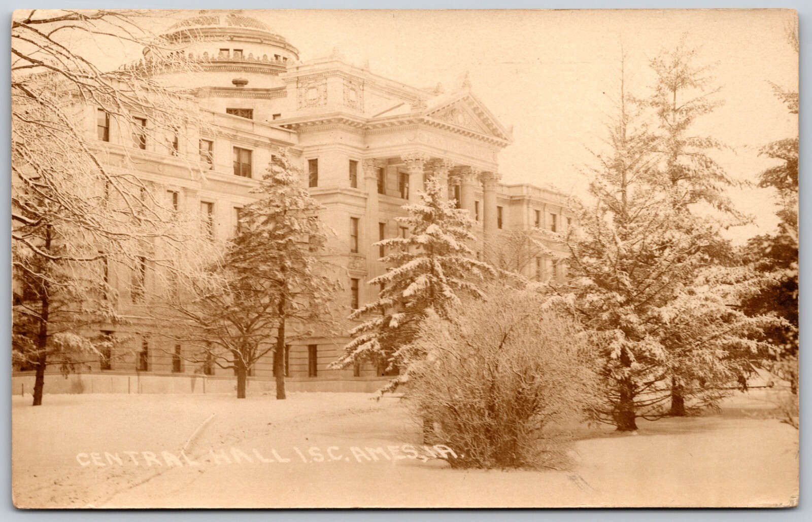 c1910s-20s RPPC Central Hall Building AMES Iowa IA Snowy Winter ANTIQUE Postcard