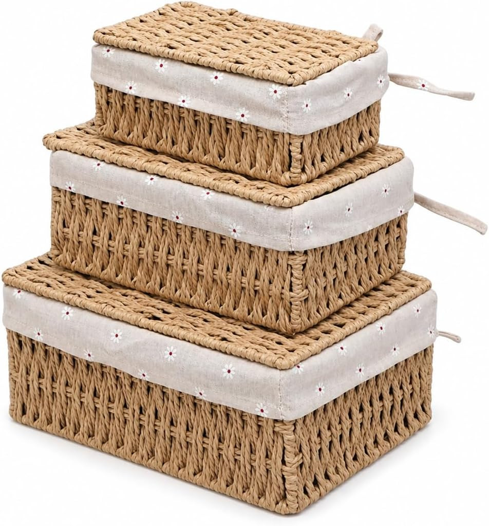 Woven Basket with Lid, Set of 3 Nesting Baskets - Khaki Woven Basket with Lid, Set of 3 Nesting Baskets - Khaki