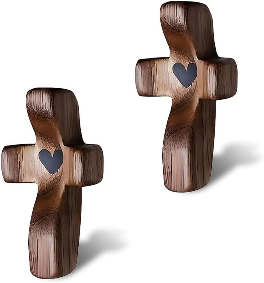 Vrouwengeld 2Pcs Wooden Pocket Cross My Heart, Stress Relief Cross Fidget, Wo...