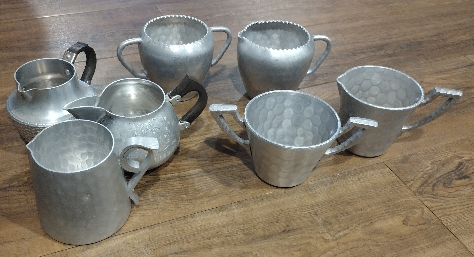 Hammered Aluminum Creamer Pitcher Sugar Bowl Lot 7-pc Vintage 