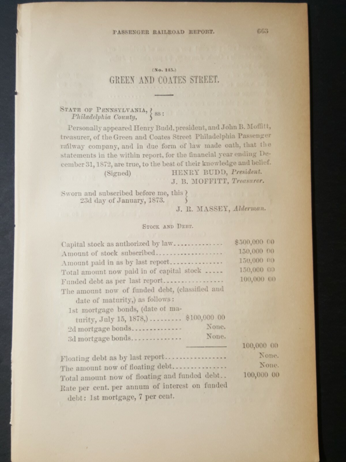 1873 train paper GREEN & COATES STREET PHILADELPHIA PASSENGER RAILWAY streetcar