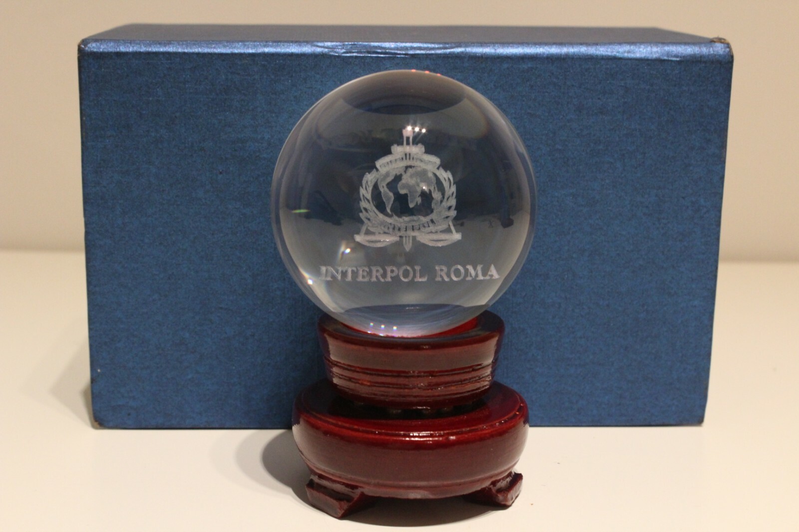 VINTAGE RETRO RARE DESK ADVERTISING GLASS BALL WITH WOODEN STAND \