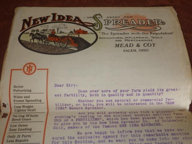 1912 NEW IDEA SPREADER ADVERTISEMENT LETTER SALEM OHIO FARMING FARM ORIG