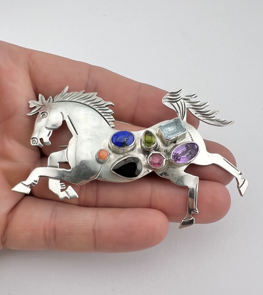 Vtg Nakai Navajo Sterling Silver Multi Gemstone Horse Pin Brooch Pendant 3.25\