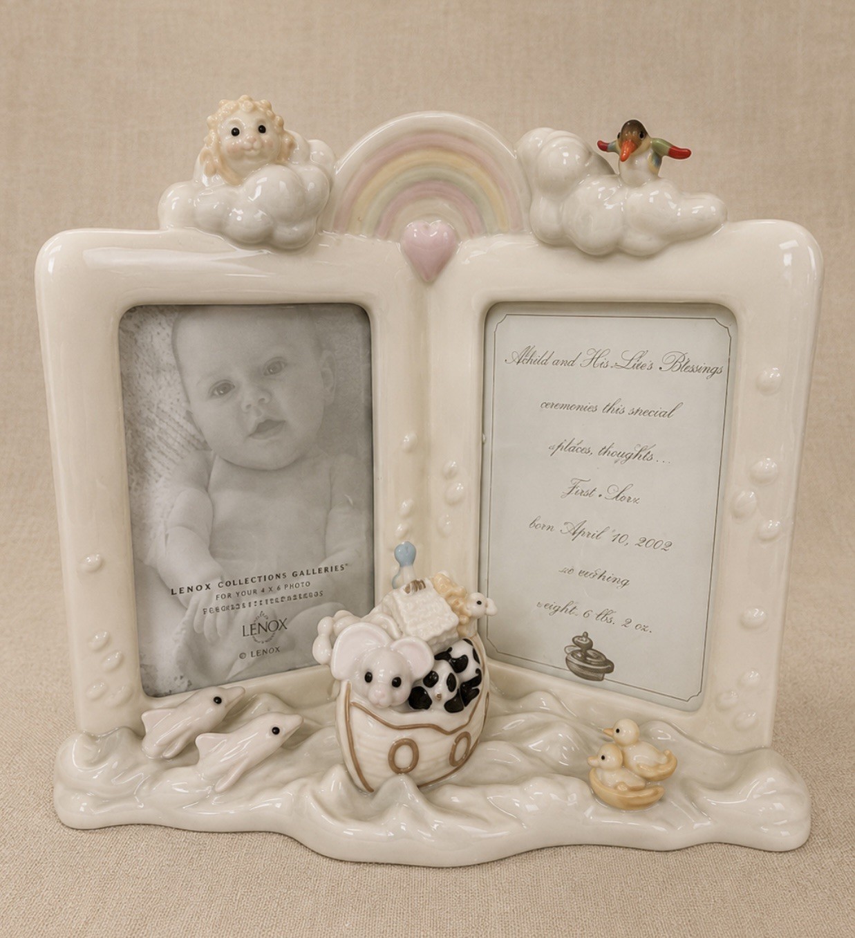 Lenox Noahs Ark Double Picture Frame Baby Nursery Baptism Gift Porcelain