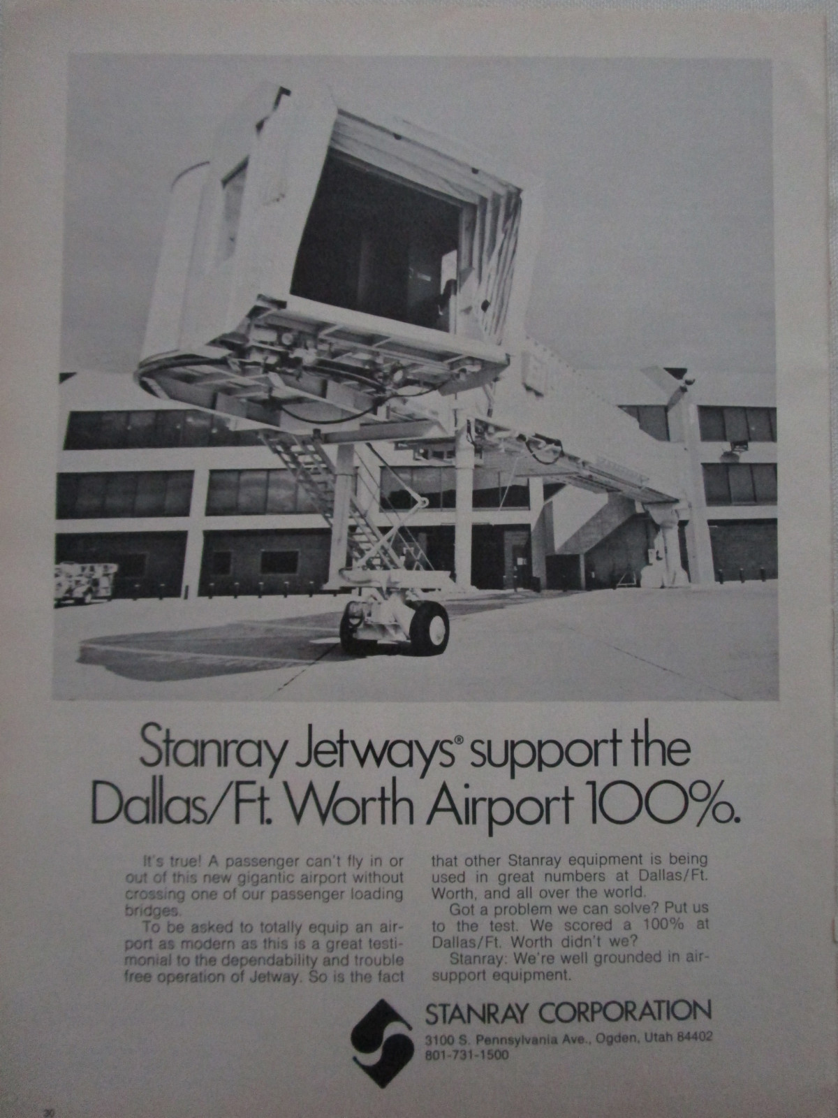 11/1973 PUB STANRAY CORPORATION OGDEN DALLAS AIRPORT JETWAY PASSENGER BRIDGE AD