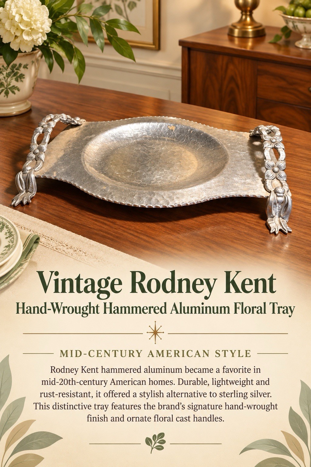 Vintage Rodney Kent Hand-Wrought Hammered Aluminum Floral Serving Tray