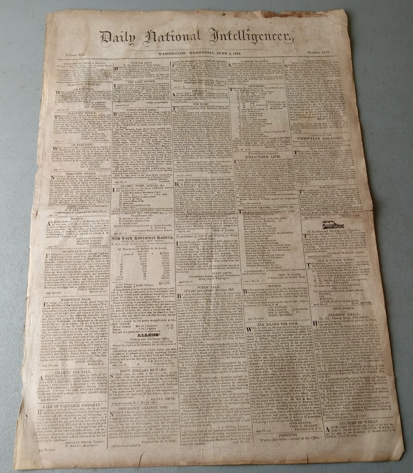 RARE 1824 Campaign Newspaper The National Intelligencer Jackson Adams Election RARE 1824 Campaign Newspaper The National Intelligencer Jackson Adams Election