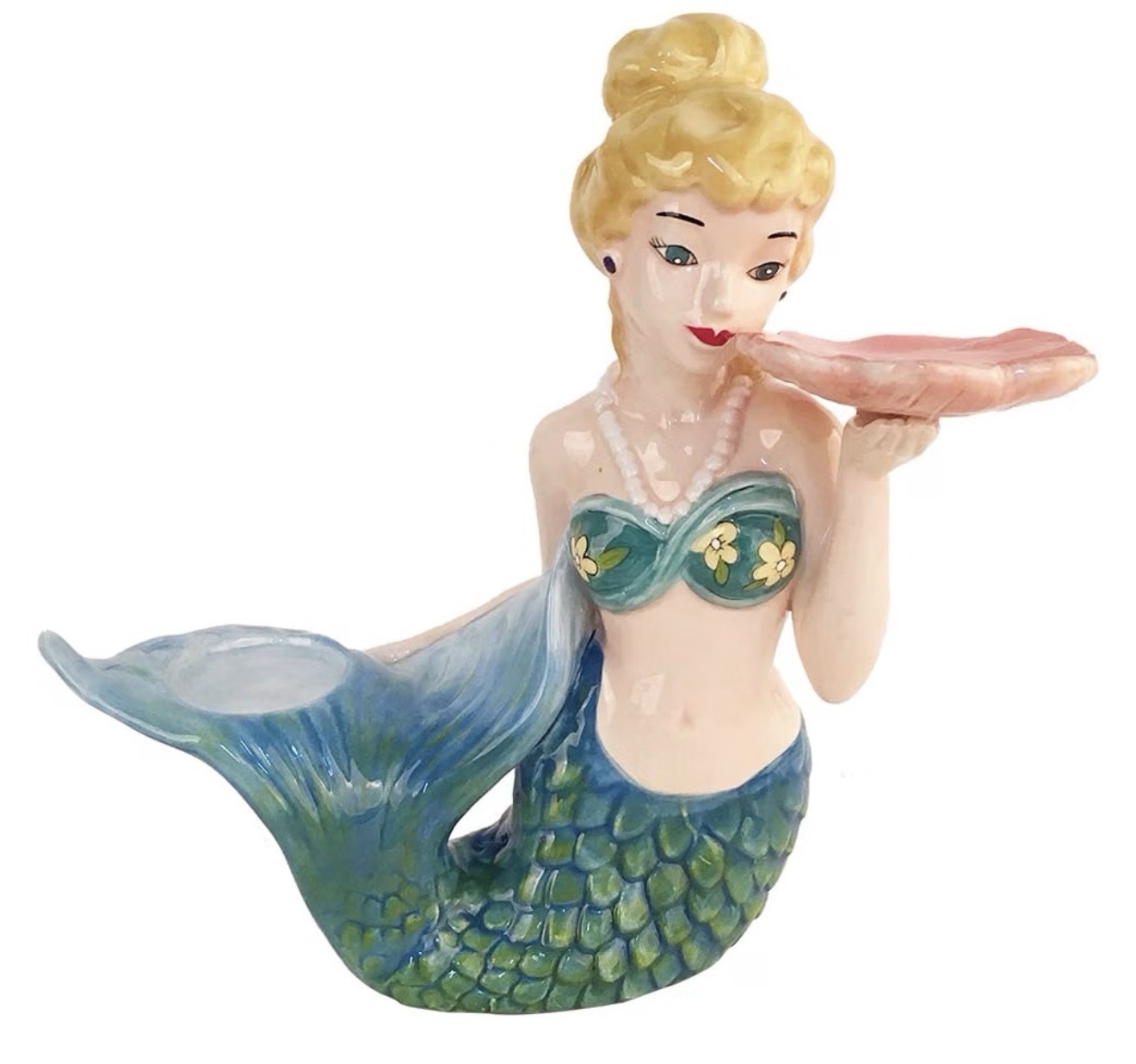 Mermaid Double Tea light Candle Holder Ceramic Blue Sky Coastal RARE Disc