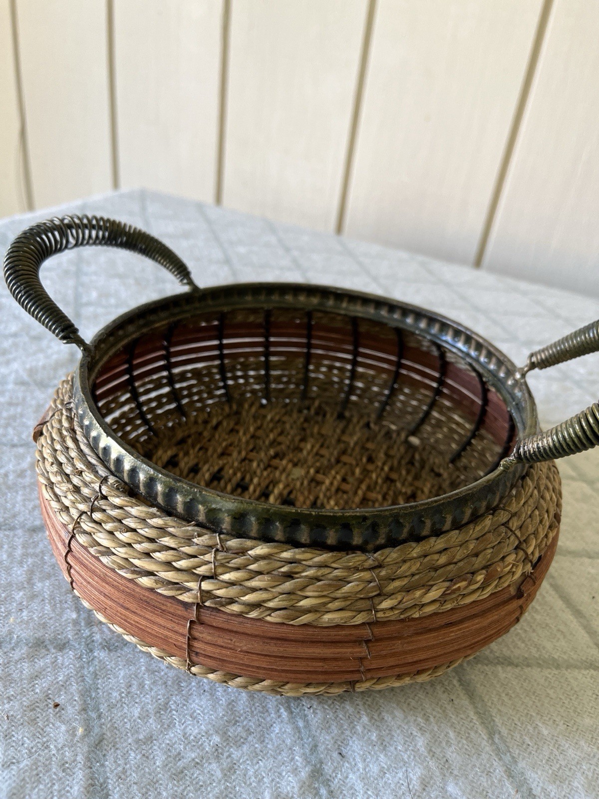 Vintage Woven Wicker And Mixed Media Basket With Metal Trim And Twisted Handles Vintage Woven Wicker And Mixed Media Basket With Metal Trim And Twisted Handles