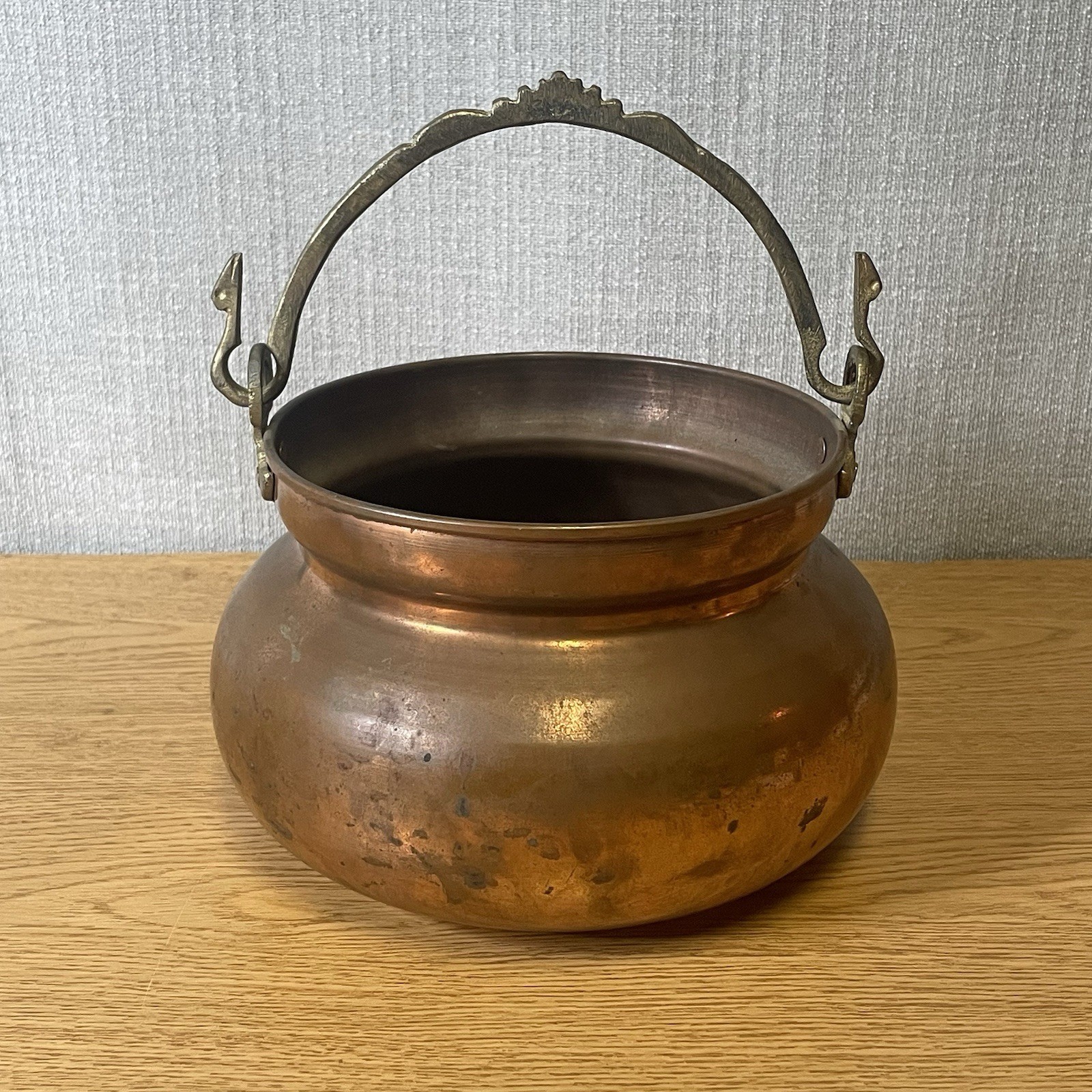 Handmade Turkish Solid Copper Cauldron Cachepot Made in Turkey Brass Handle Pot