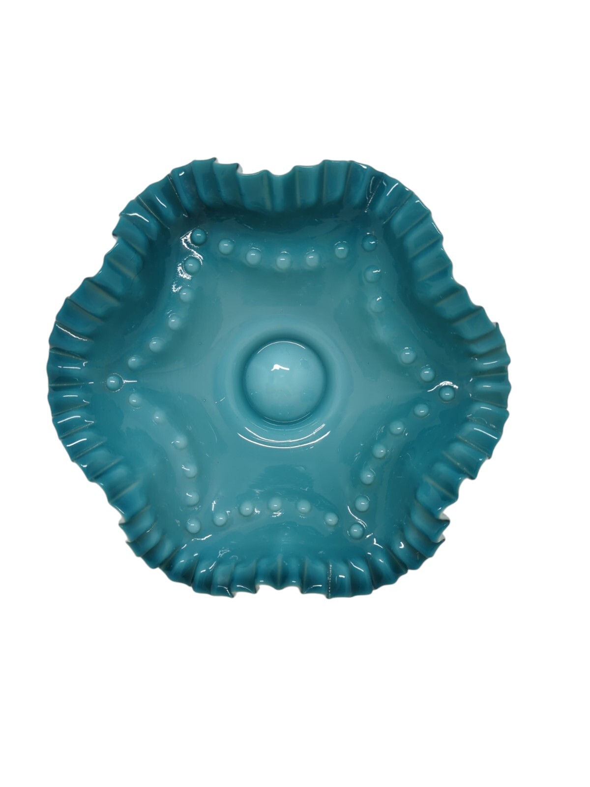 English Victorian Bride's Basket Bowl Teal Blue Cased Glass 6 5/8