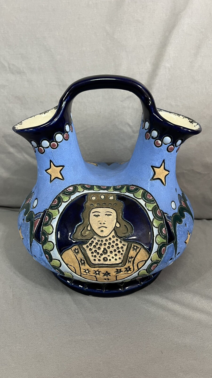 Vintage Fireside Amphora enameled portrait vase Wedding Vessel Czech 